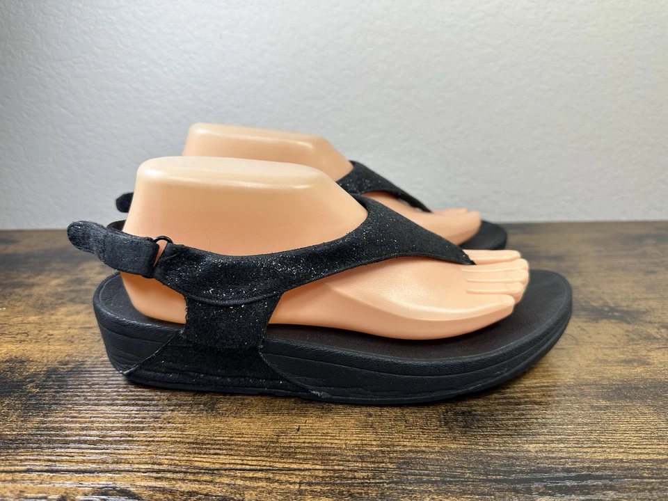 FitFlop Sandals Women's Comfortable Lulu Leather Thong Black Shimmering Size 9 - Image 2 of 4