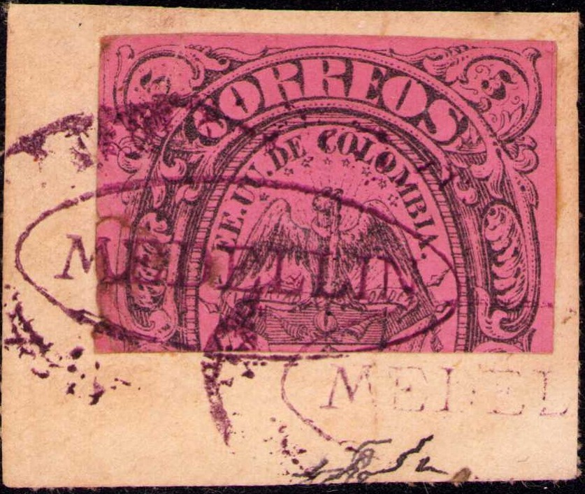 COLOMBIA - ANTIOQUIA - 5p BISECTED STAMP ON PIECE - MEDELLIN - Sc 19 - 1873 RRR