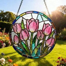 Suncatcher Stained Glass Pink Tulip Garden Suncatcher Window Hanging Plant Lover