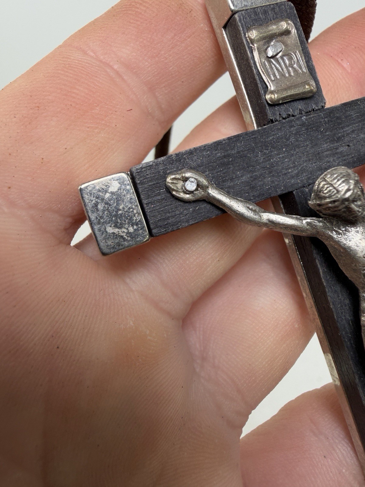 Italian Pectoral Crucifix Cross w Ebony Inlay Catholic Pendant Necklace