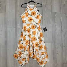 NWT Lulus Zahara White and Orange Floral Print Midi Dress Large Woven Cotton