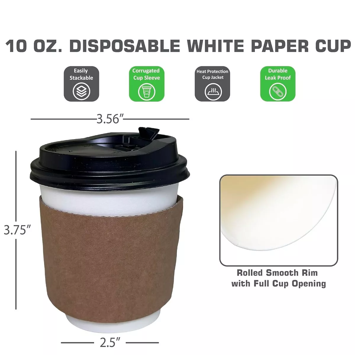 100 Pack 10 oz. Disposable White Paper Coffee Tea Cups with Lids