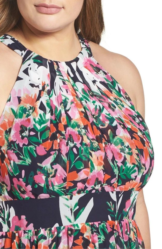 ELIZA J Navy Pink Floral Rose Print Halter Chiffon Maxi Gown Dress 18W = 2X 🌺 - Image 3 of 4