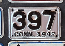 1942 CONNECTICUT MOTORCYCLE LICENSE PLATE TAG   # 397