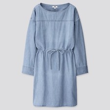 UNIQLO U Cotton Denim Drawstring Long Sleeve Dress in Blue Size Small S