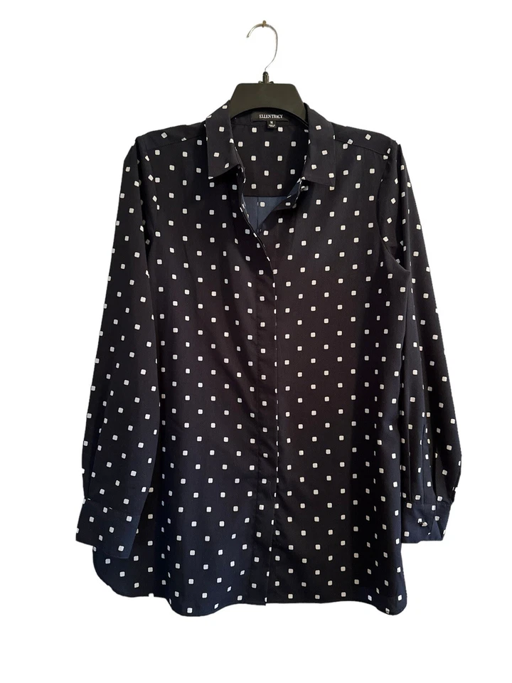Blusa Ellen Tracy Azul Marino Lunares Mujer Mediana Manga Larga Botones Plisados Foto 3 de 4
