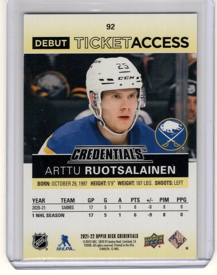 2021-22 Upper Deck Credentials Rookie Yellow #92 Arttu Ruotsalainen RC 216/249 - Image 2 of 2