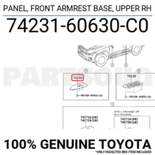 7423160630C0 Genuine Toyota PANEL, FRONT ARMREST BASE, UPPER RH 74231-60630-C0