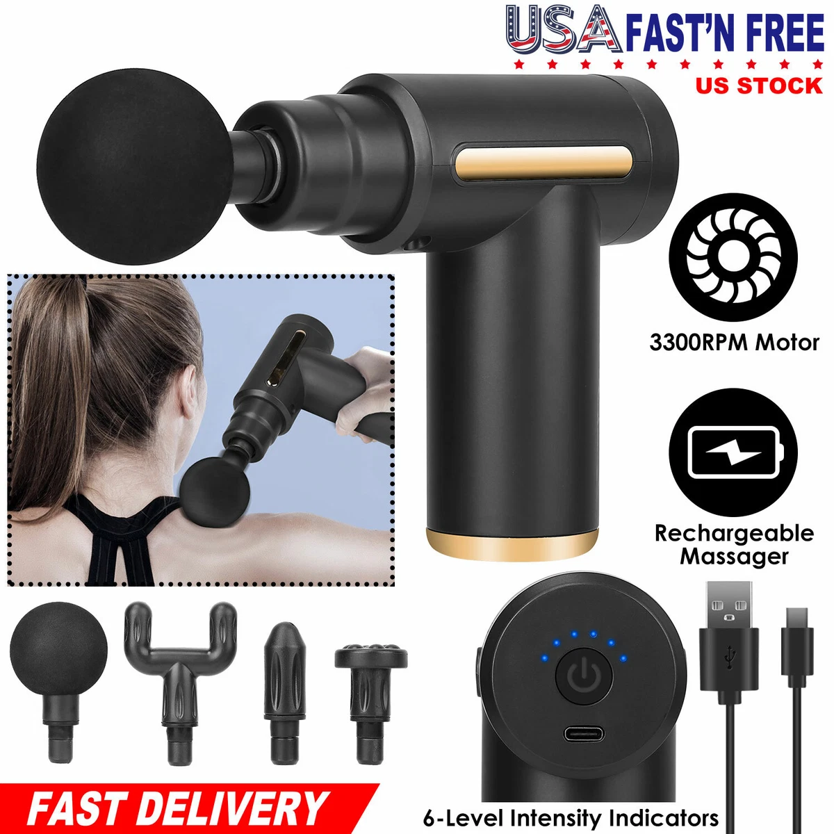 Deep Tissue Percussion Muscle Massage Gun, USB Rechargeable Handheld Gray