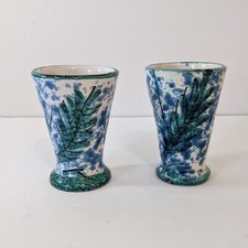 2 VTG Italian Pottery Small Vases Speckled Blue White Green Leaf Design 3.75”