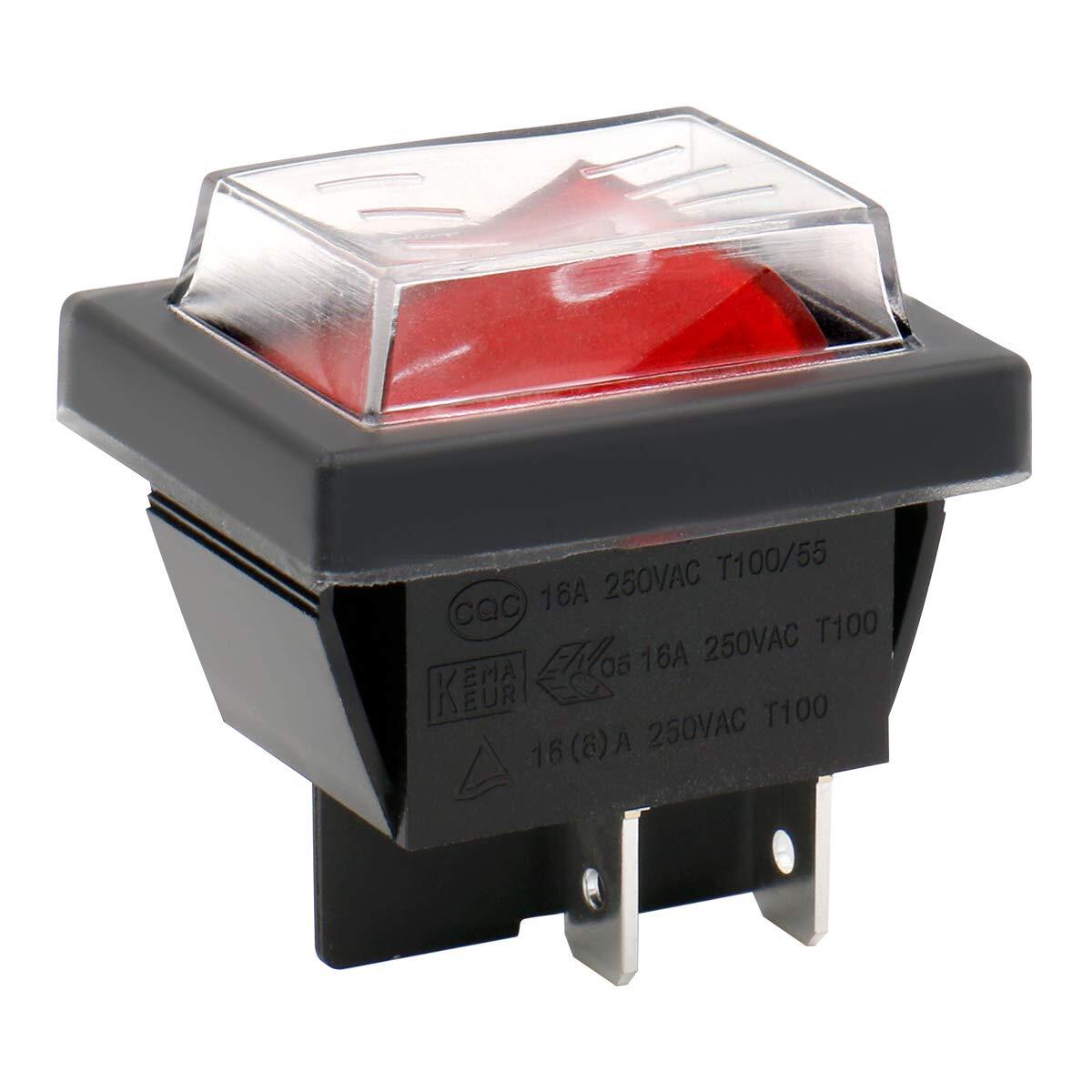 Heschen Rocker Switch ON-OFF DPST 4 Terminals Red Light 16A 250VAC with...
