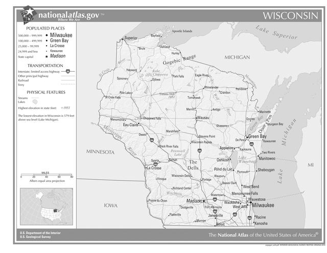 Wisconsin State Reference (Black&amp;White) Laminated Wall Map | eBay