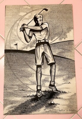 Vintage Art Deco Drawing Young Man Golfing Hollis Williams Pomona CA High School