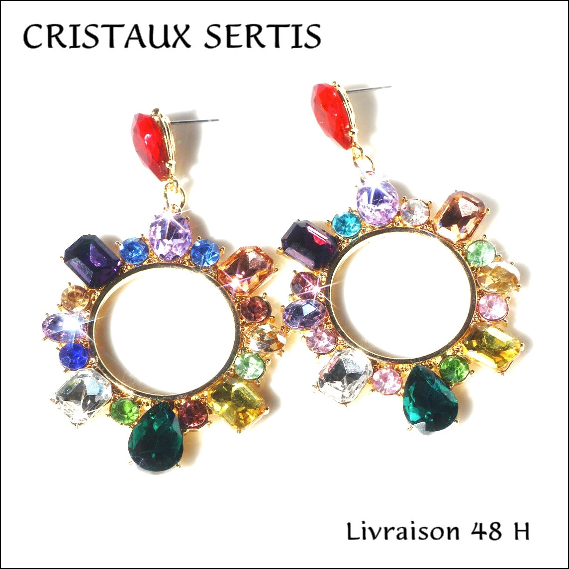 Boucles d'oreille cristaux multicolores style Swarovski pour oreilles percées