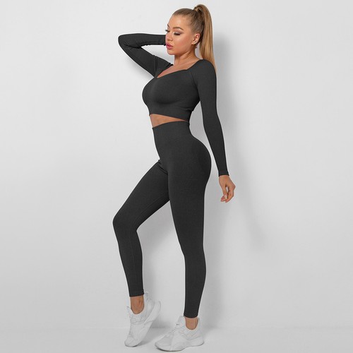 Damen 2-teilig Yoga Outfits nahtlos gerippt passend Fitness-Studio Kleidung Training Sets - Bild 38 von 124