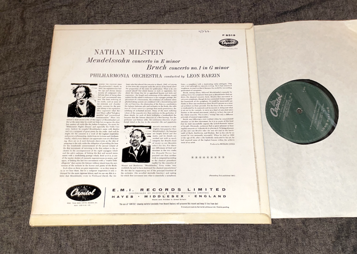 Capitol P 8518 ed1 Nathan Milstein: Mendelssohn, Bruch: Violin