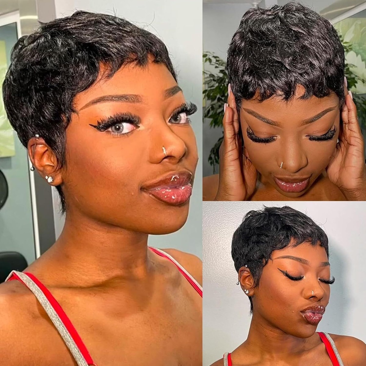 100% Human Hair Pixie Cut Wig for Women, Glueless Short Layered Wig with Bangs, Glueless Pixie Cut Wig with Bangs for Women - Premium Human  main image 2