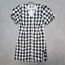 LOFT Dress Womens 10 Black White Gingham Button-Front Linen Blend Academia
