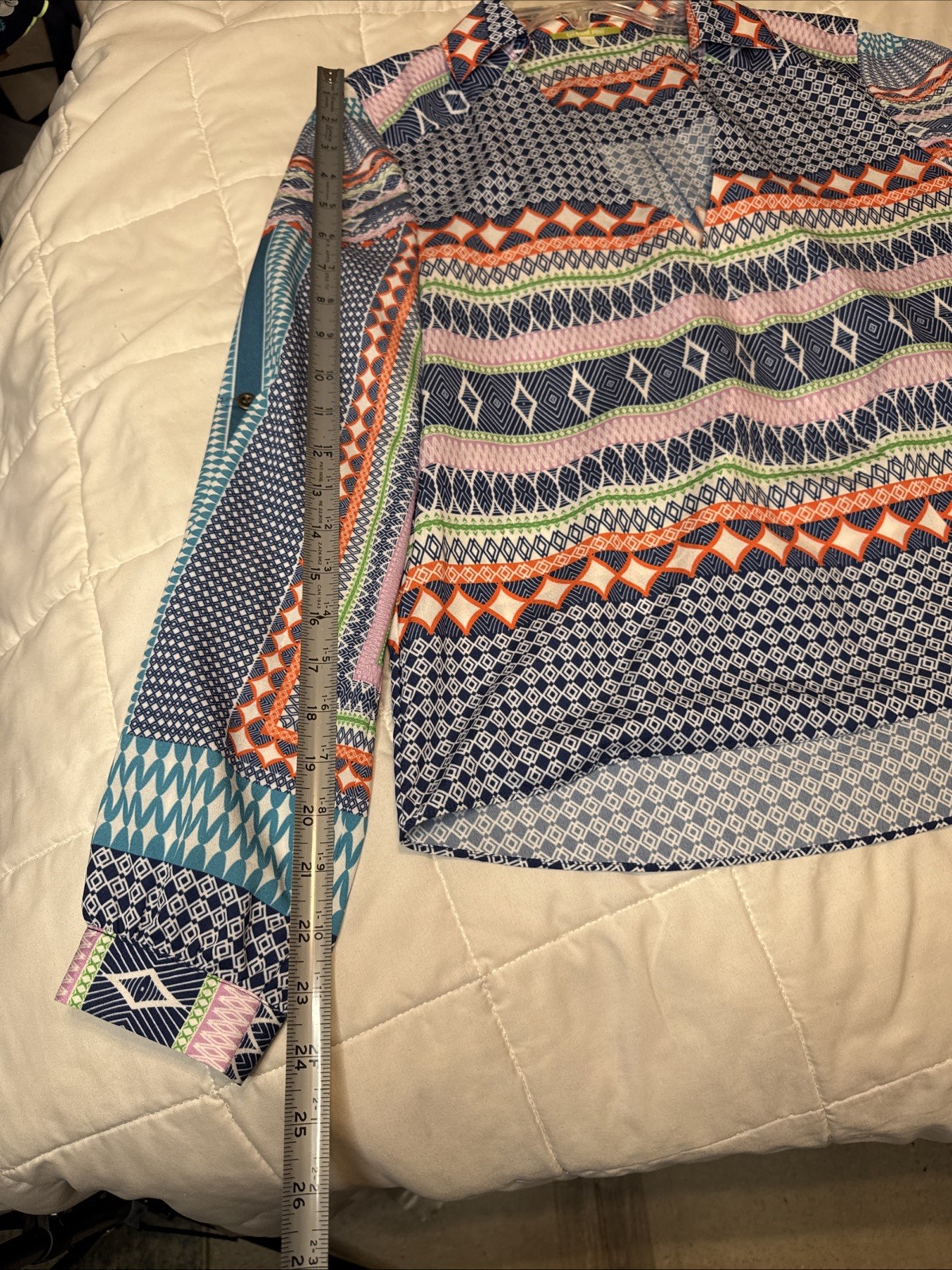 Gianni Bini Colorful Print Faux Wrap Boho Blouse Size Small Hi Low Roll Tab