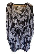 Miken Swim Black White Leaf Print Tropical Sheer Swim Cover Up Size Large