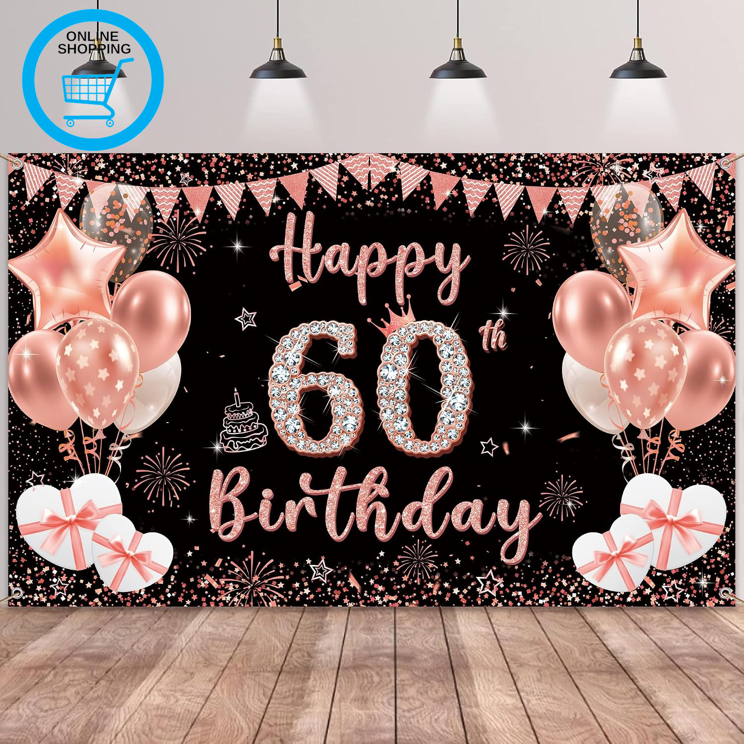 60Th Birthday Decoration Backdrop Banner - Black Rose Gold Happy 60Th Birthday B
