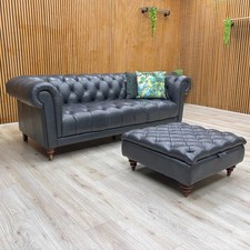 Furniture Village ‘Columbus’ 3 Seater Sofa + Footstool Chesterfield Navy Leather
