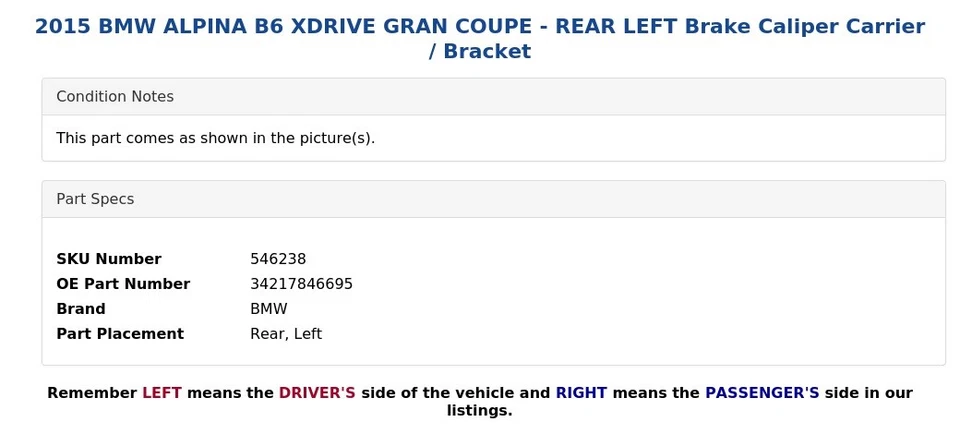 2015 BMW ALPINA B6 XDRIVE GRAN COUPE - REAR LEFT Brake Caliper Carrier / Bracket - Image 4 of 4