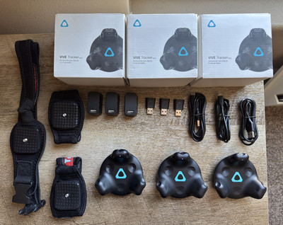 HTC VIVE 2.0 Trackers Lot of 3 with USB Dongles, Cradles, Cables and TrackStraps