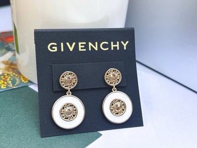  Authentische GIVENCHY goldfarbene weiße Emaille Kreis Logo Ohrhänger NEU 