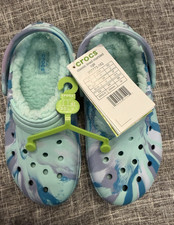 Crocs Classic Lined Marble Clog Lined Unisex Kids J1 Blue Purple Slip-On