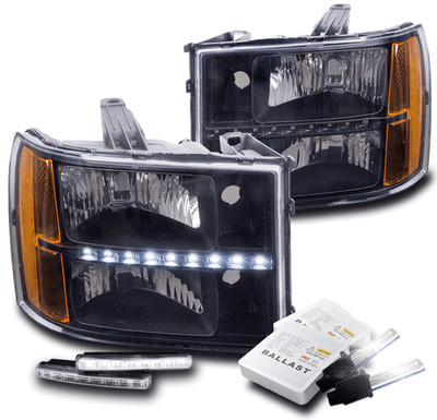 FOR 07-13 GMC SIERRA DENALI REPLACEMENT LED BLACK HEADLIGHT LAMP +LED DRL+6K HID