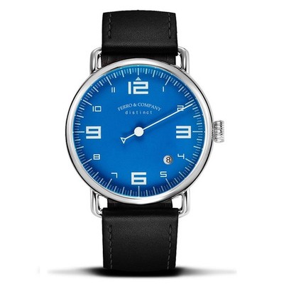 Eisen & Co. Swiss Quarz Stahl Leder Blau Datum Saphir Design Herrenuhr