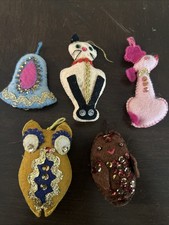 Vtg Bucilla Lot of 5 Animals/Bell Felt Sequin Jewel Ornaments Handmade Christmas