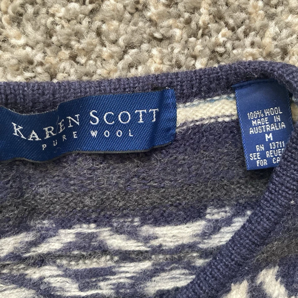 Cárdigan suéter para mujer Karen Scott azul medio 100 % lana rayas abotonadas Foto 3 de 4