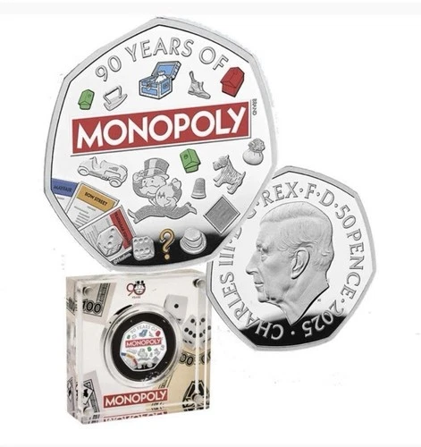 2025 UK MONOPOLY 8g .925 Silver 50p Colorized Silver Proof Limited Edition 4500