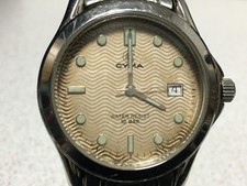 CYMA 631 Mens Quartz Watch Gold Beige Wave Guilloche Dial Date 10 Bar Stainless
