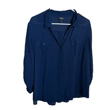 ANA A New Approach Shirt Women's Petite XL Navy Blue Button Up Sheer Top