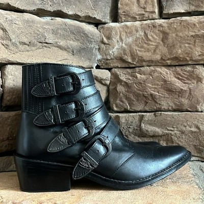 Toga Pulla Buckle Western Ankle Boots Black Leather EU 36 US 6 Moto