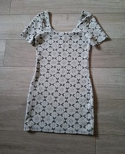 Topshop Grey & Cream Patterned Textured Stretch Short Bodycon Dress Wiggle UK10