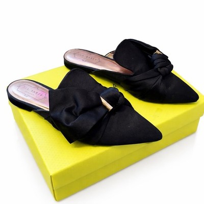 Ted Baker schwarzer flacher Loafer Satin Schleife Größe 5 einmal getragen goldfarbener Besatz