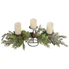 26 In. Triple Candle Holder with Frosted Foliage and Pine Cones Christmas Decor