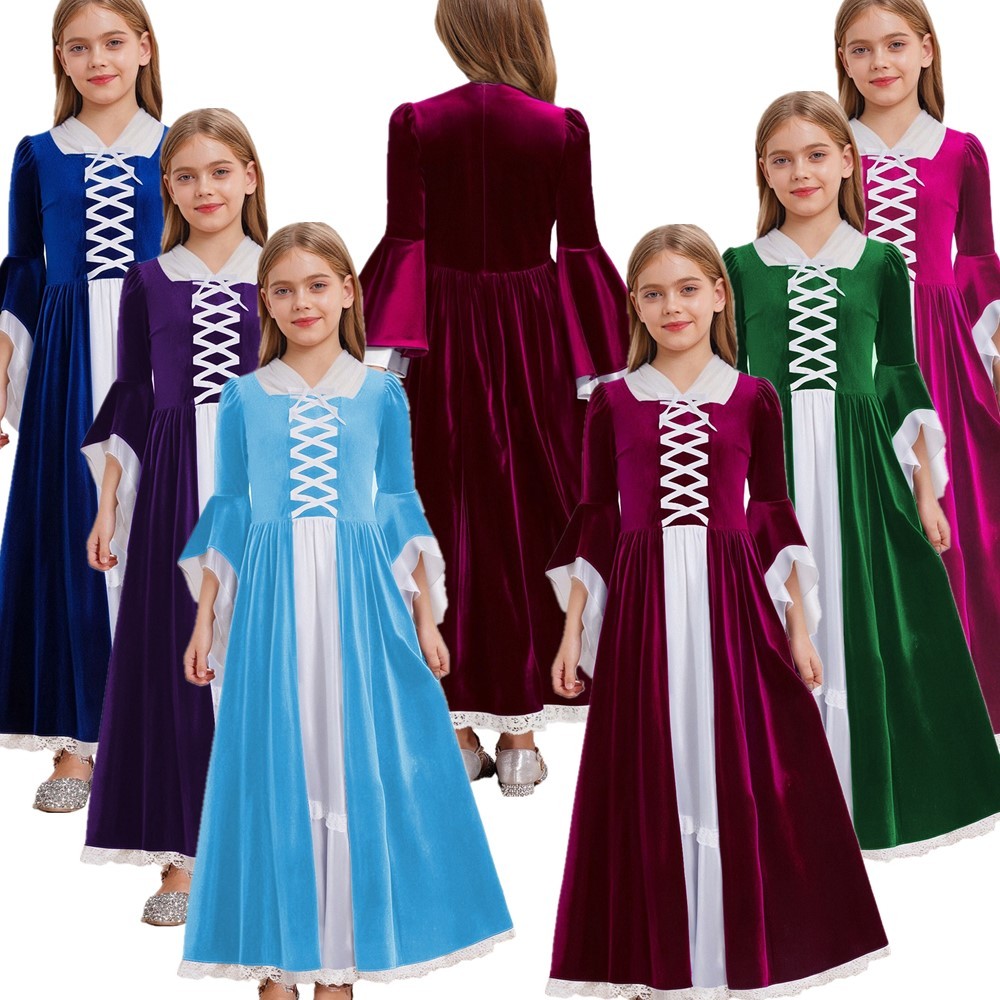 Girls Dress Gothic Costumes Themed Retro Gown Ruffled Long Bell Sleeves Maid