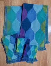 5 Piece Set Vintage Cannon Seven Seas Towels Purple Blue Green 70s Retro Fringe