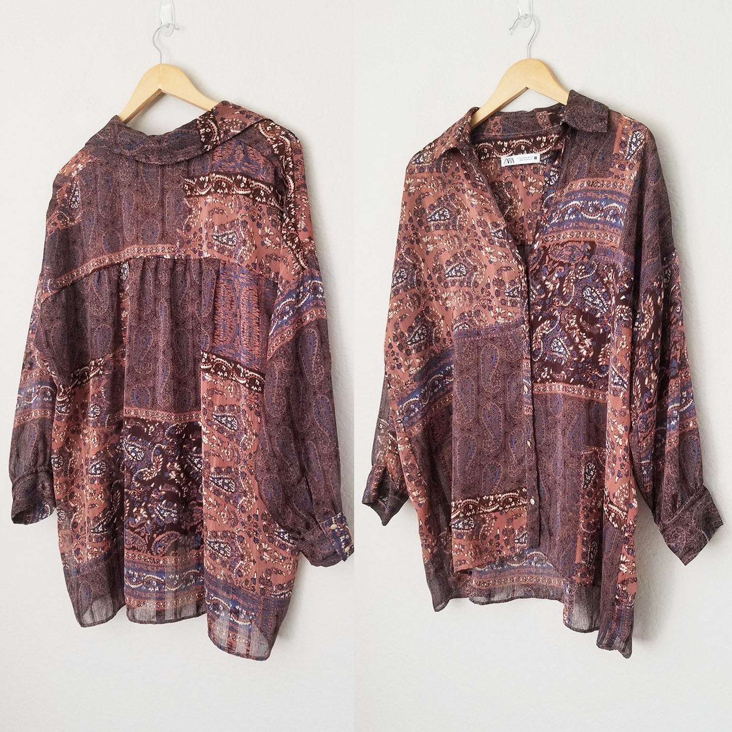 Zara Patchwork Shirt Blouse Top M Oversized Paisley Boho Brown Semi Sheer Collar image 2