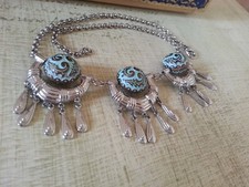 Three Rotating Aqua Blue Gold Patterned Beads / Silver Plated Drops Necklace