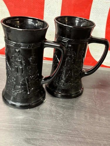 Tiara Indiana Glass Set Of 2 Opaque Black German 12oz Beer Mugs