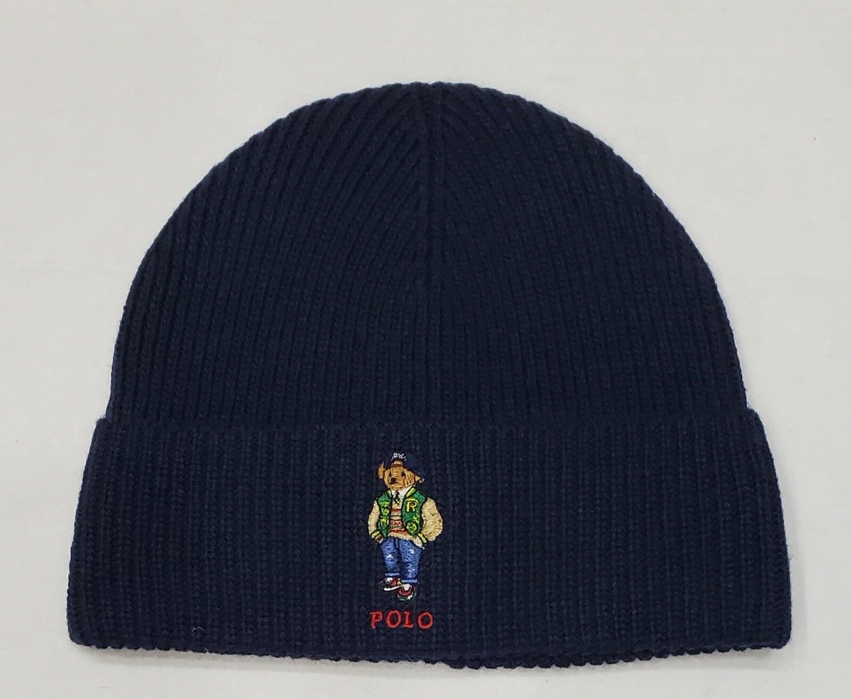 New Polo Ralph Lauren Men's Knit Navy Polo Teddy Bear Beanie Hat