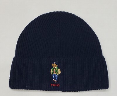 New Polo Ralph Lauren Men's Knit Navy Polo Teddy Bear Beanie Hat