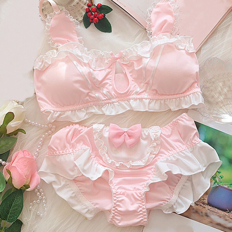 Lolita Sweet Mori Girls Bow Bra Sets Japanese Underwear Ruffles