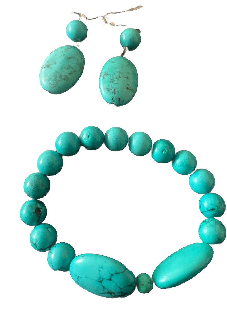 Oval Turquoise Beaded Statement Earrings And Brac… - image 1